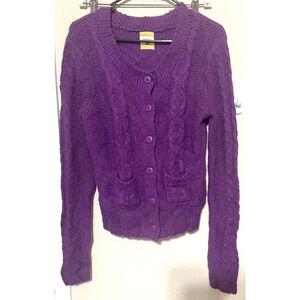 Fossil Women's Cable Knit Cardigan Size Large Purple Wool Blend Button Up Y2K